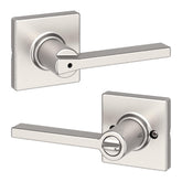 Kwikset Casey front view satin nickel showing modern lever and rosette for stylish privacy