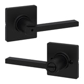 Kwikset Casey front view showing matte black lever and rosette for stylish privacy