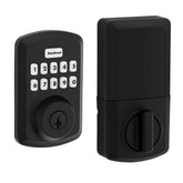 Kwikset Powerbolt 250 front view showing matte black finish and keypad benefit of sleek security