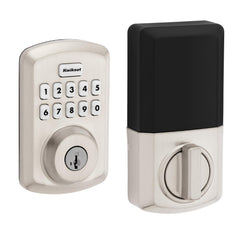 Kwikset Powerbolt 250 front view showing keypad and satin nickel finish for secure entry
