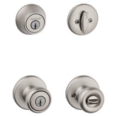 Kwikset Tylo front packaging showing satin nickel finish and included hardware for convenience