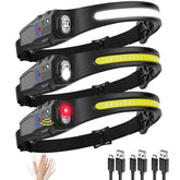 KYEKIO front packaging of three rechargeable headlamps showing included accessories and benefits