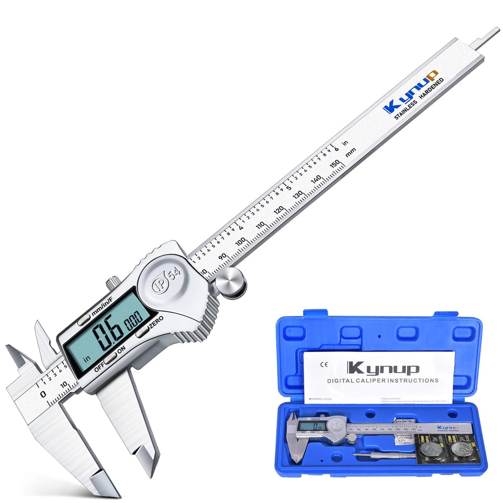 Kynup digital caliper front view showing full stainless steel body and ruler benefits durability
