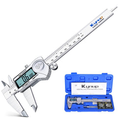 Kynup digital caliper front view showing full stainless steel body and ruler benefits durability