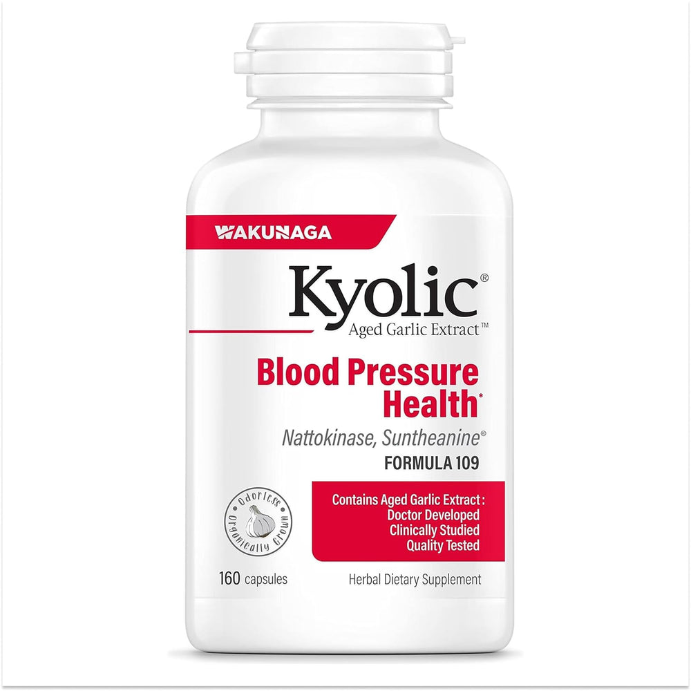 Kyolic front packaging showing Formula 109 bottle and heart support benefit