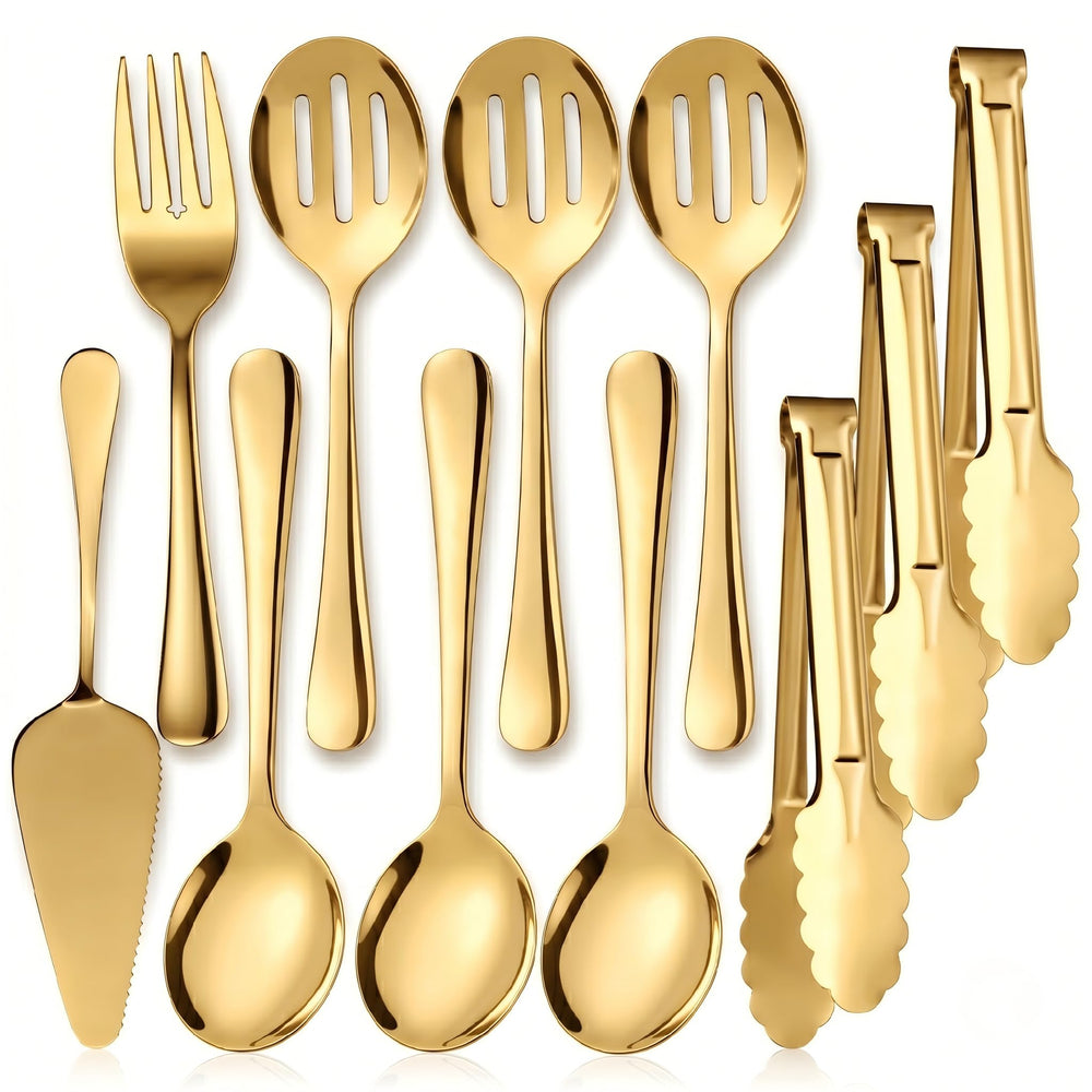 Kzovone front view of full 11-piece gold serving set showing completeness and elegance