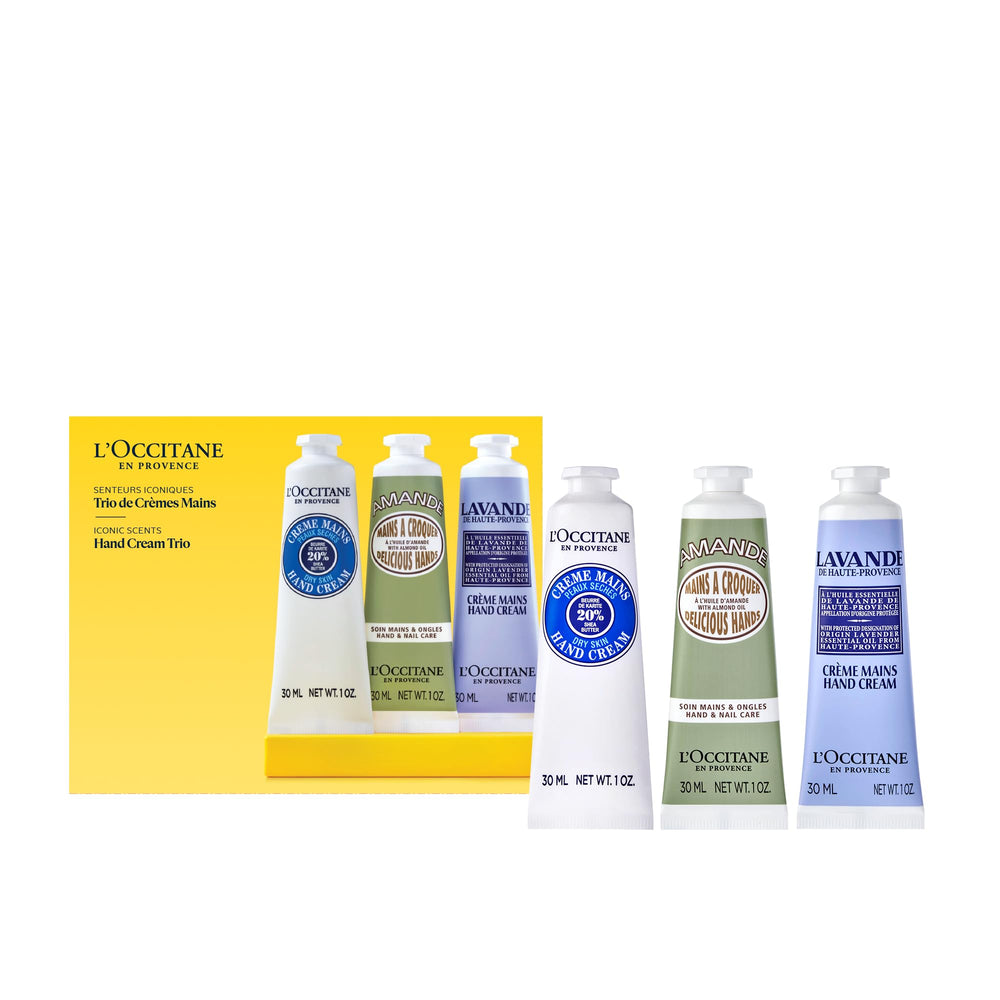L'Occitane front packaging of three hand cream tubes shows gift-ready presentation and convenience