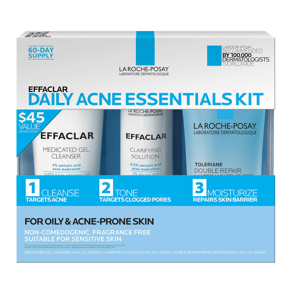 La Roche-Posay Effaclar kit front packaging showing all three products and benefits