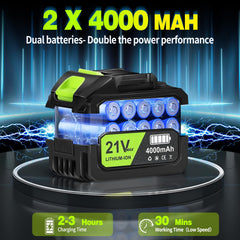 laapee two 4.0Ah batteries and fast charger showing extended runtime