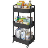 Laiensia front view showing three-tier storage and modern black finish, functional organization