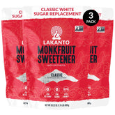 Lakanto front packaging showing three bags and product branding benefits
