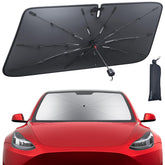Lamicall sunshade front view on Tesla windshield showing full coverage and sun protection