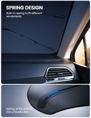 Lamicall umbrella sunshade expanded across Tesla windshield demonstrating snug fit