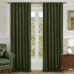 LAMIT olive green velvet curtains front view showing elegant drape and coverage