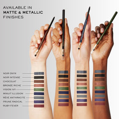 Lancôme Le Stylo black swatches on forearm showing intense payoff and blendability