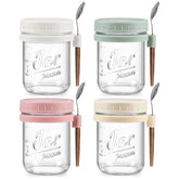 LANDNEOO front view of four 16 oz glass jars showing lids and spoons, convenient storage