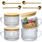 LANDNEOO front view of four-piece vintage glass mug set with lids showing gift-ready packaging and charm
