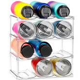 LANDNEOO front view of 4-tier clear bottle holder showing tidy storage benefit