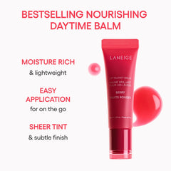 LANEIGE applied on lips delivering a glossy berry tint and hydrated finish