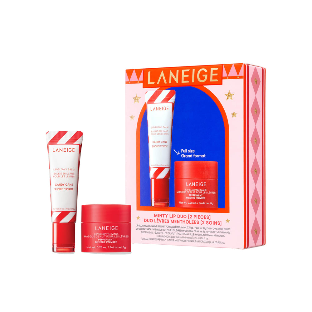 LANEIGE front packaging of minty lip duo showing festive design and convenience