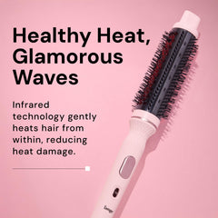 L'Ange Hair GlamWave ceramic barrel close-up highlighting coconut oil glide benefit