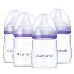 Lansinoh front packaging showing four 5-ounce anti-colic bottles and benefits