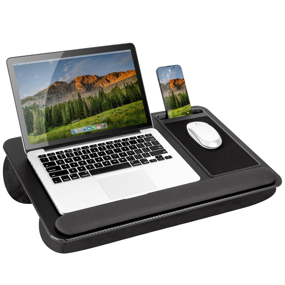 LapGear front view showing black carbon top and full workspace benefit