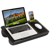 LapGear lap desk front view showing black carbon finish and stable surface benefit
