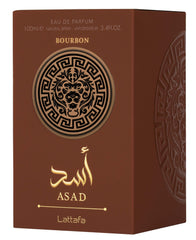 Lattafa Asad Bourbon side label close-up showing ingredient cues and authenticity