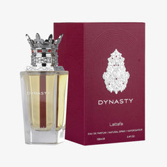 Lattafa Dynasty angled bottle highlighting elegant shape and label