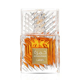 Lattafa Khamrah front bottle showing elegant amber liquid and brand detail for confident wear