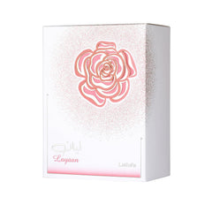 Lattafa Layaan ingredients layout with pear and jasmine highlighting fresh-floral notes
