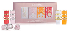 Lattafa Yara collection box front view showing all four 5ml bottles and packaging benefits