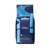 Lavazza DEK package front view showing brand and dark roast for consistent espresso