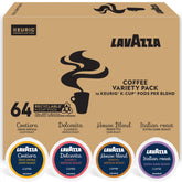 Lavazza front packaging showing variety pack and count, highlights convenience