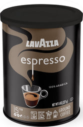 Lavazza tin front view showing branding and 8 oz label for easy storage