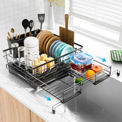 Laveshop front view of black expandable dish drying rack showing organized plates benefit