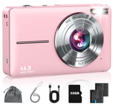 Lecran front view pink camera showing lens and shutter, ideal for kid-friendly shooting