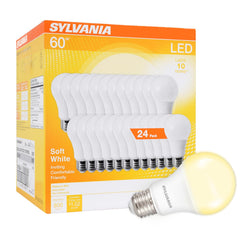 LEDVANCE SYLVANIA A19 front packaging showing 24-count and savings benefits