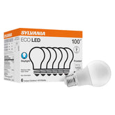 LEDVANCE Sylvania ECO front packaging showing six A19 bulbs and product details for easy restocking