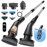 Leebein front view of electric spin scrubber showing kit and benefits