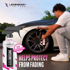 Legendary Car Care before and after tire contrast highlighting restored dark shine benefit