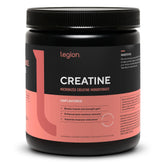 LEGION creatine front tub showing clean packaging and high-serving count
