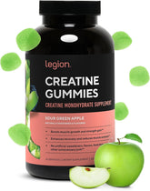 LEGION front packaging showing bottle and sour green apple gummies for convenience