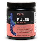 LEGION Pulse front packaging showing blue raspberry tub and label benefits