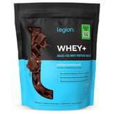 LEGION front tub of Whey+ Chocolate showing clean packaging and benefits
