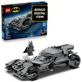 LEGO Batmobile front view showing sculpted nose and headlight stickers for display