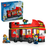 LEGO bus front view showing red double‑deck design and display, inspires storytelling