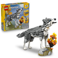LEGO gray wolf front view showing poseable stance and display-ready look