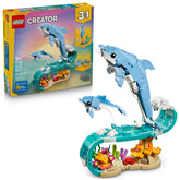 LEGO dolphin front view showing LEGO branding and dynamic pose for display
